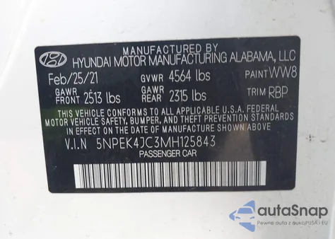 2021 Hyundai Sonata N Line z USA, uszkodzony, nr VIN 5NPEK4JC3MH125843